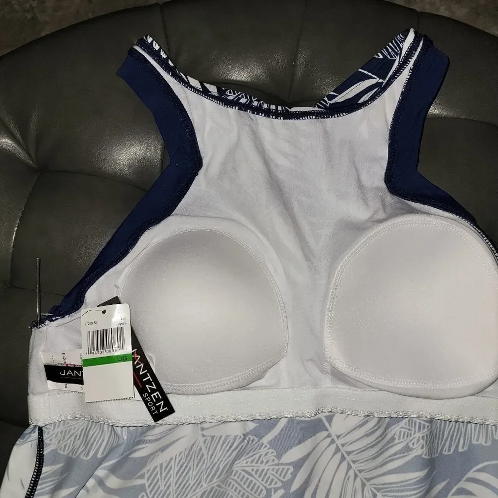 Jantzen High Neck Navy White Palm Tankini Top Navy Drawstring side tie b…